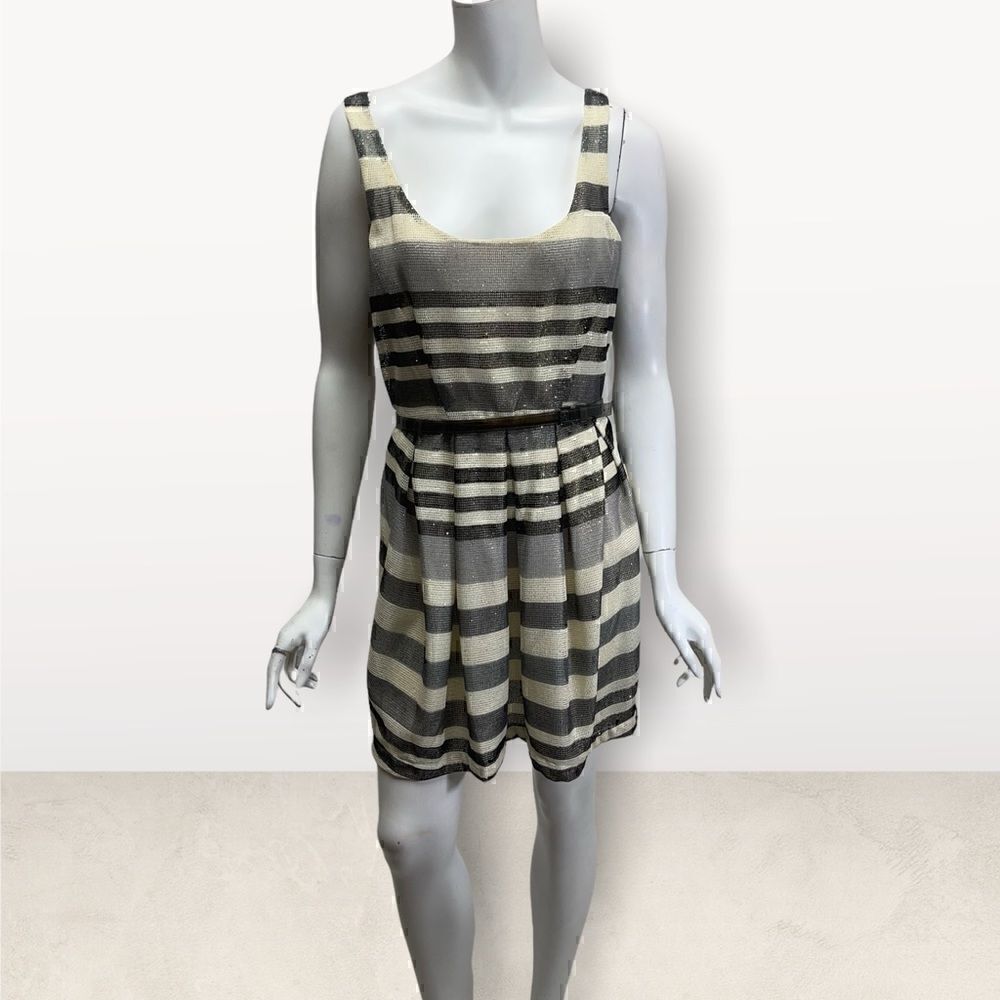 BCBG Striped Black‎ & Gray Sleeveless Belted Dress